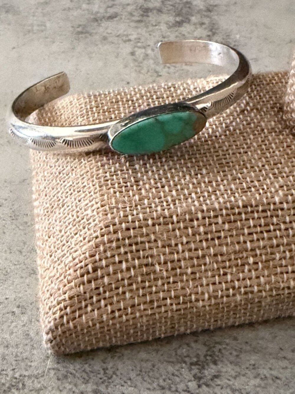Vintage # 8 Mine Turquoise Sterling Silver Navajo Cuff Bracelet Sunrise Stamped